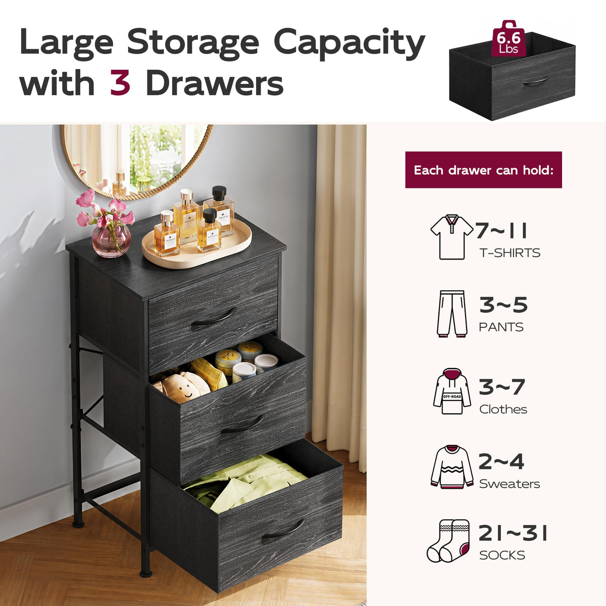 Black 3 Drawer Wood Dresser E492