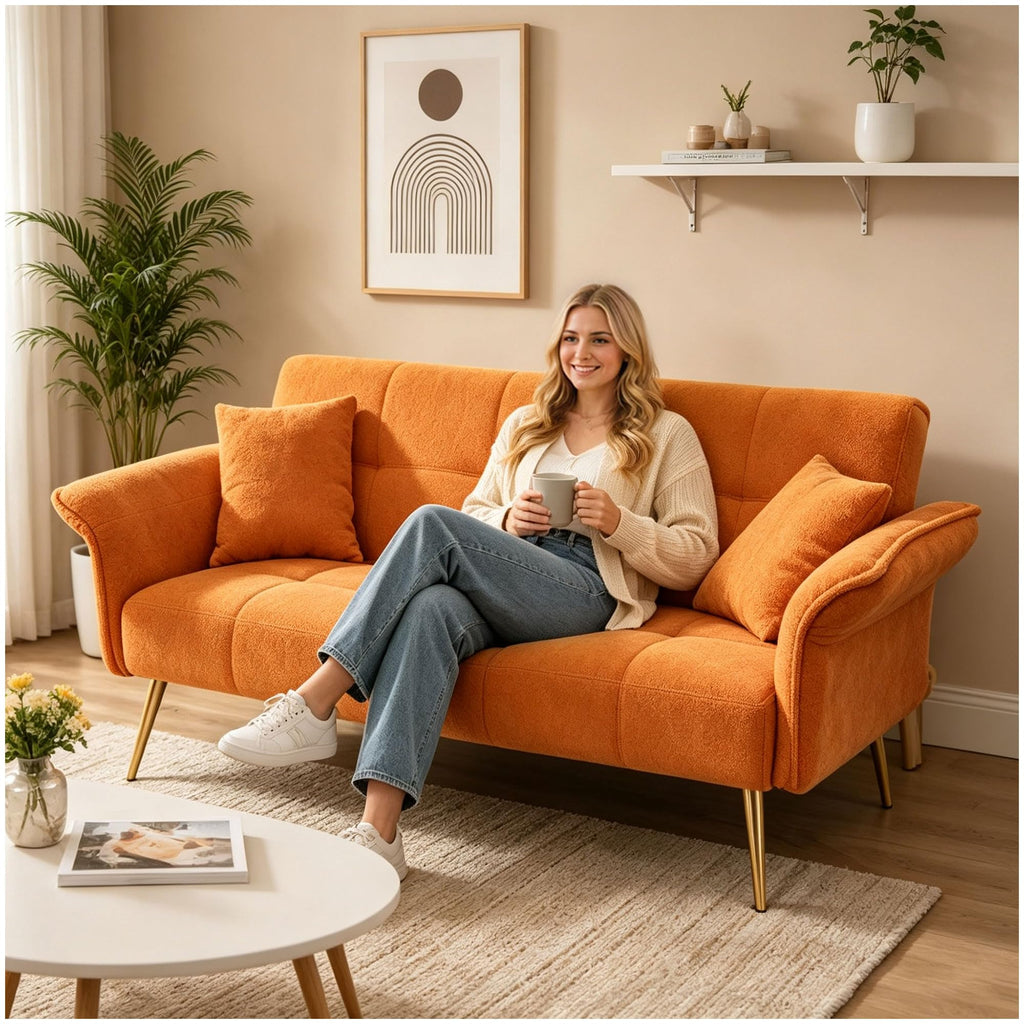 Orange Velvet 2 Seater Futon Sofa Bed D1334