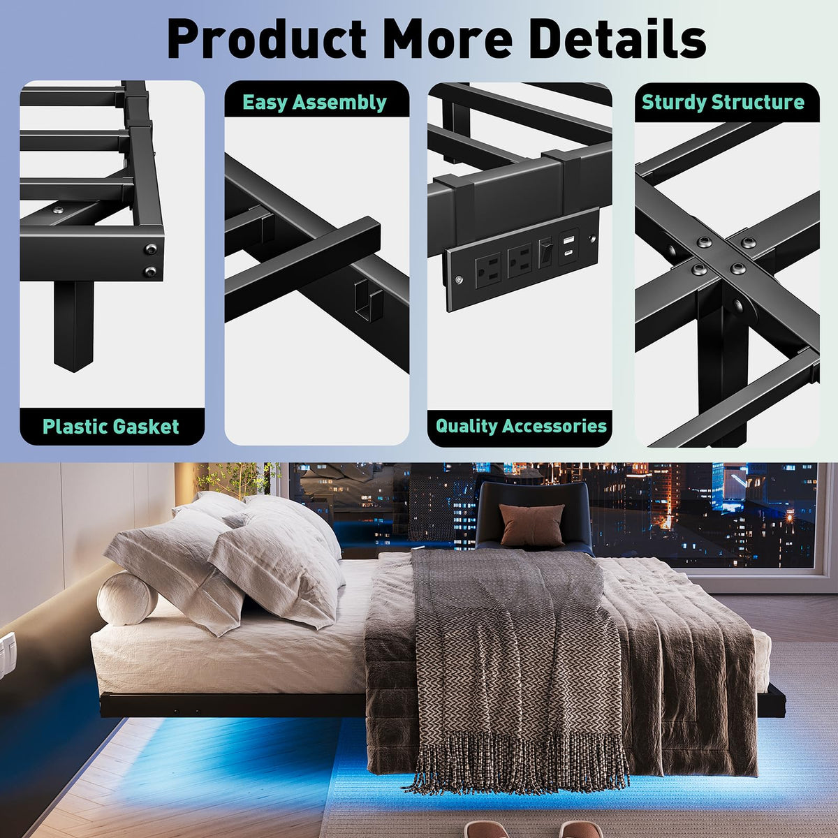 Queen Floating Bed Frame with LED Lights and Charging Station I283995