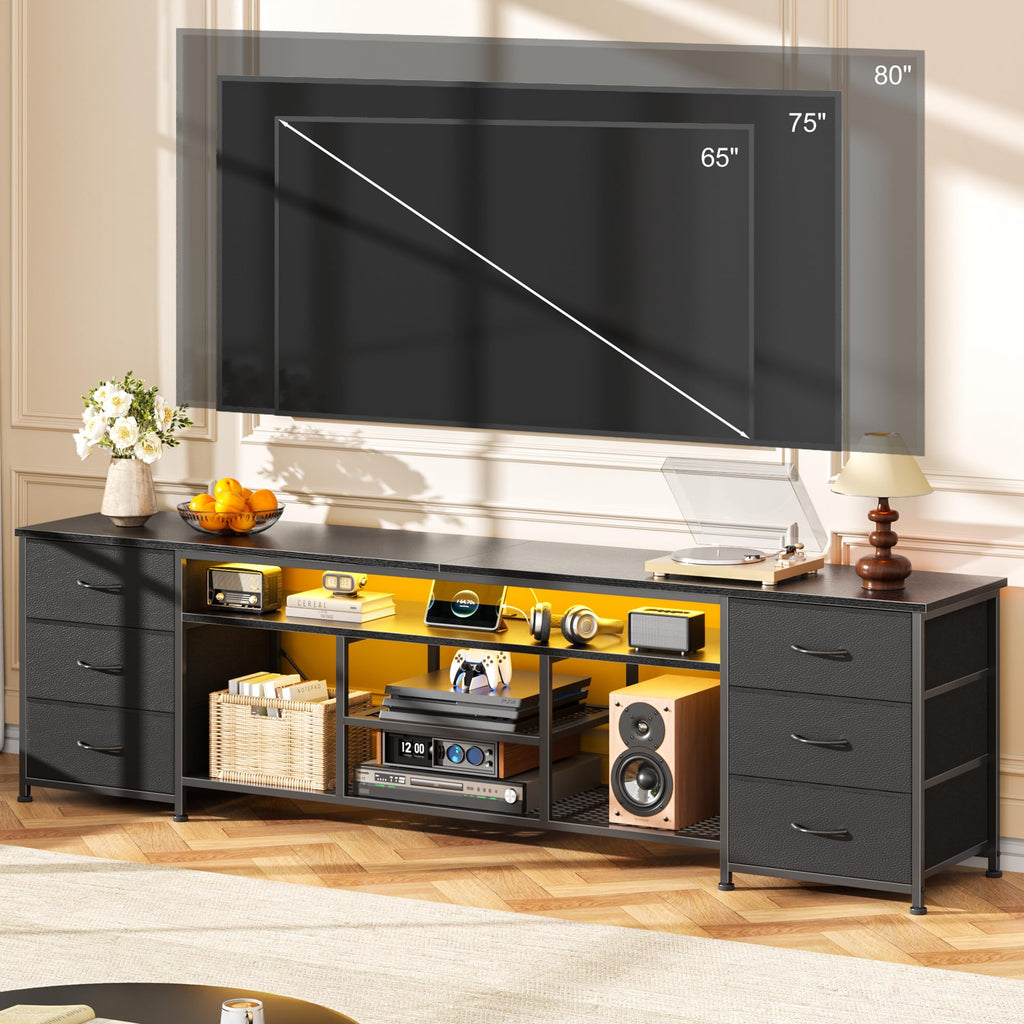 Black Dresser TV Stand with LED Lights & Charging Station C536