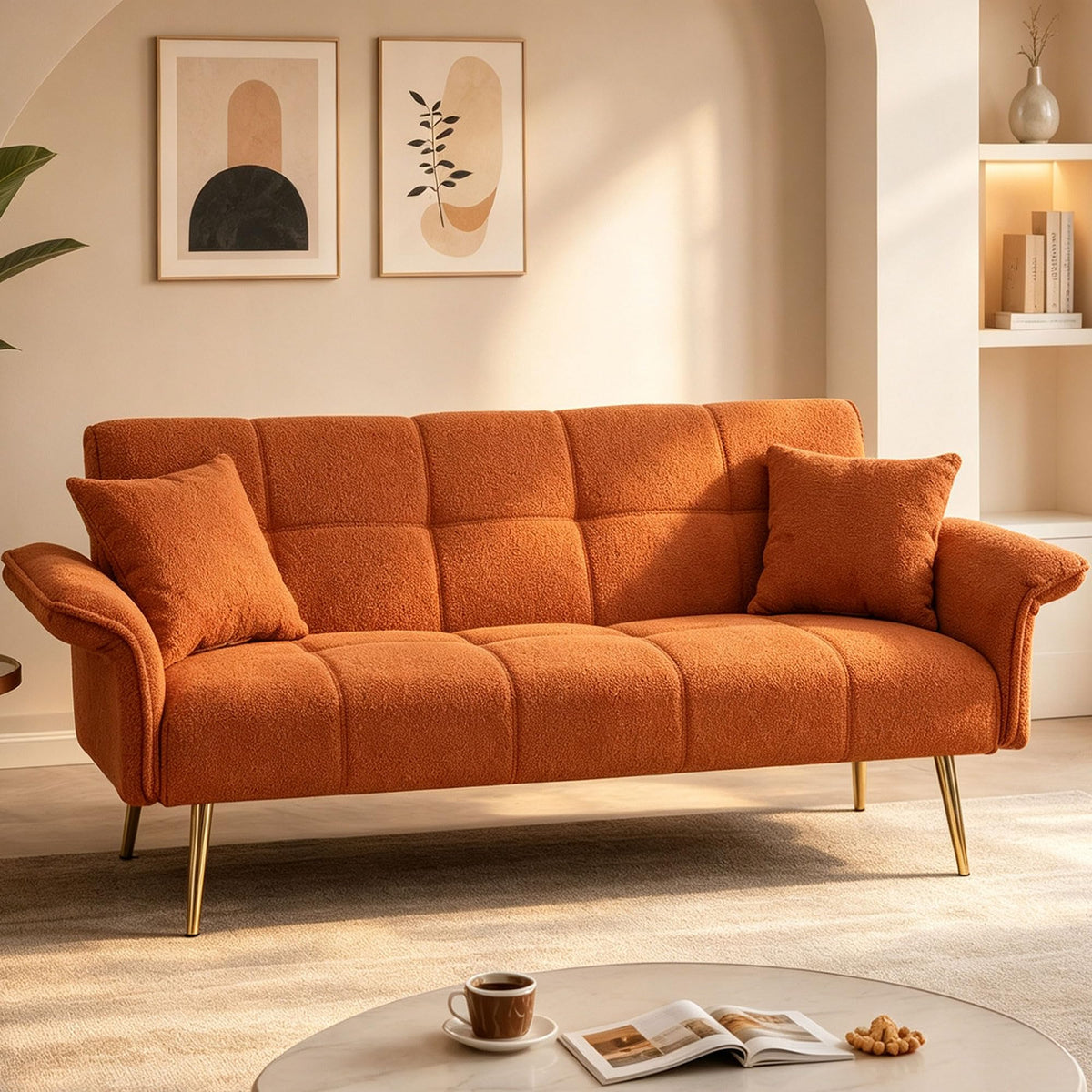 Orange Velvet 2 Seater Futon Sofa Bed D1334