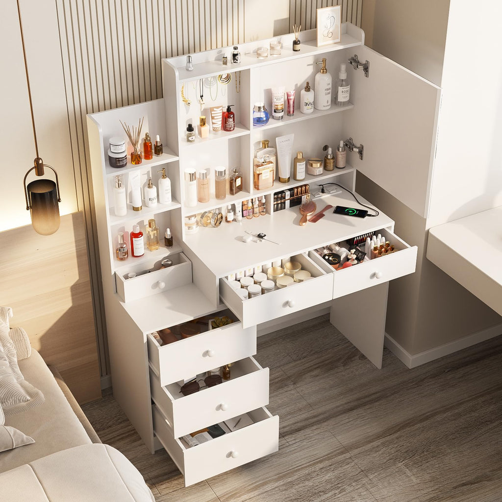 White Vanity Desk with Lighted Mirror and 6 Drawers B689698