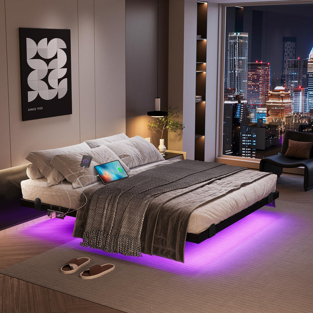Queen Floating Bed Frame with LED Lights and Charging Station I283995