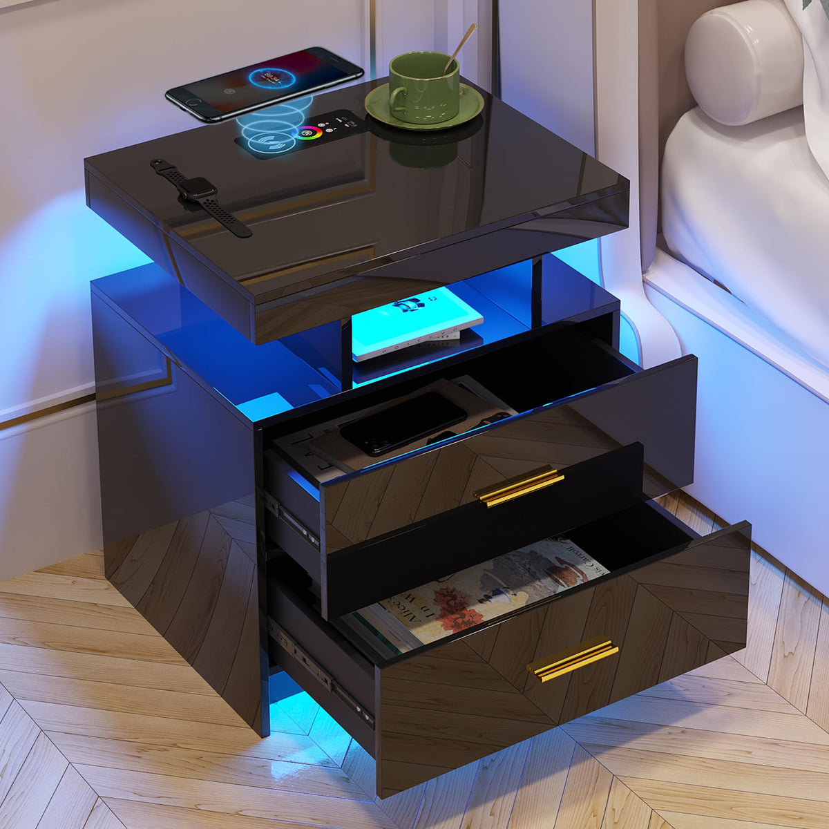 Black LED Nightstand with USB Type-C Charging F734