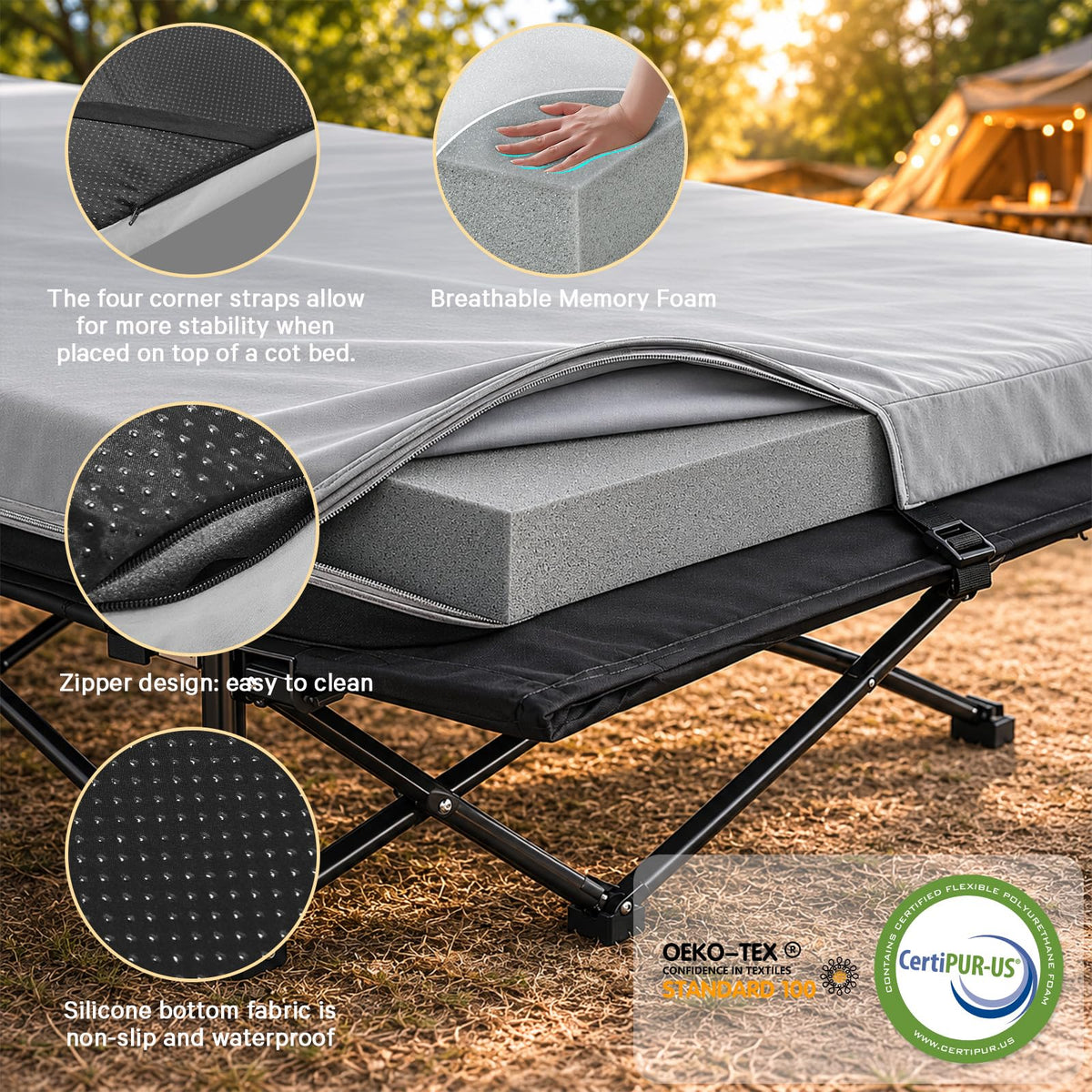 2 Inch Memory Foam Camping Cot Pad with Removable Cover B515130