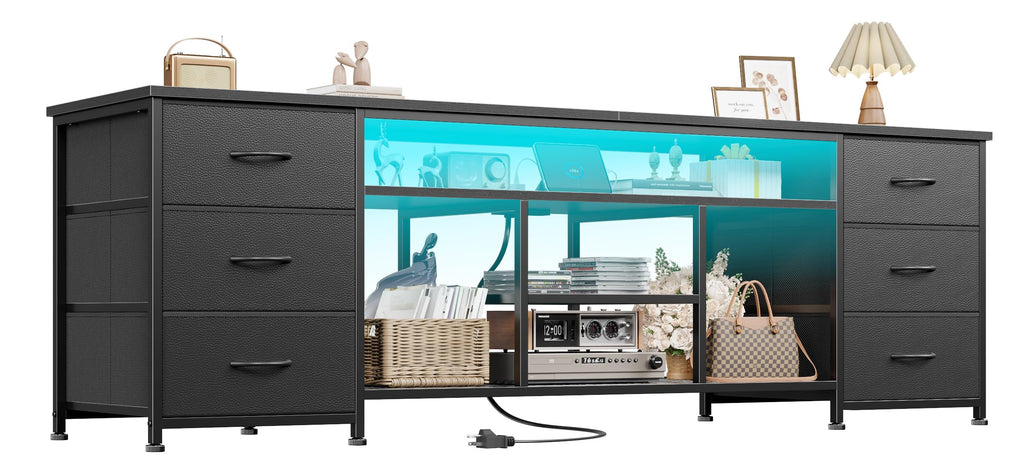 Black Dresser TV Stand with LED Lights & Charging Station C536