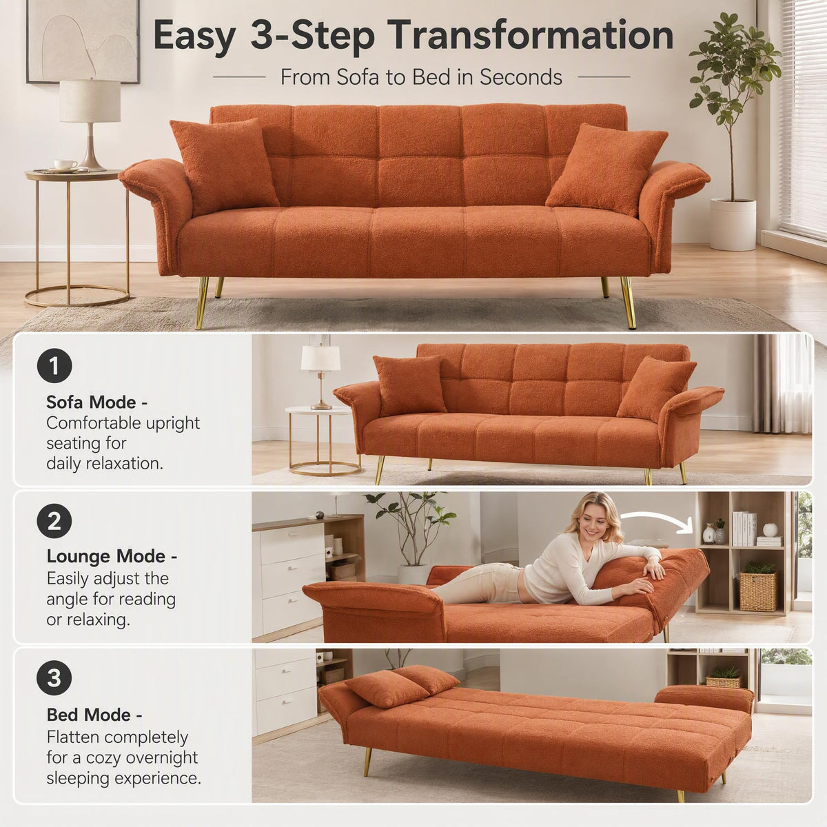 Orange Velvet 2 Seater Futon Sofa Bed D1334