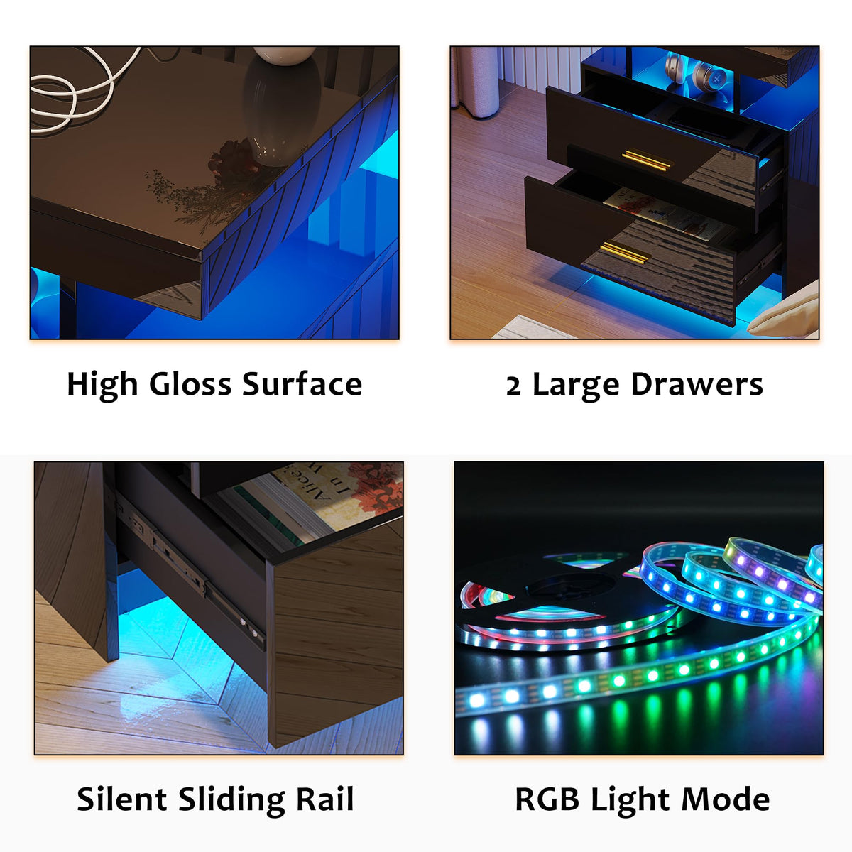 Black LED Nightstand with USB Type-C Charging F734