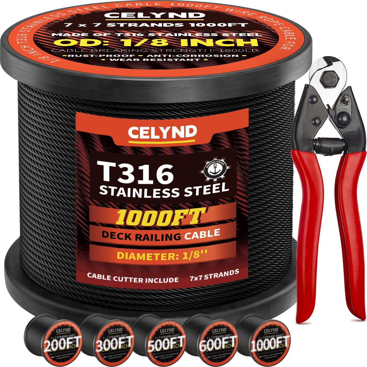 Black 1000FT 1/8" T316 Stainless Steel Cable N275