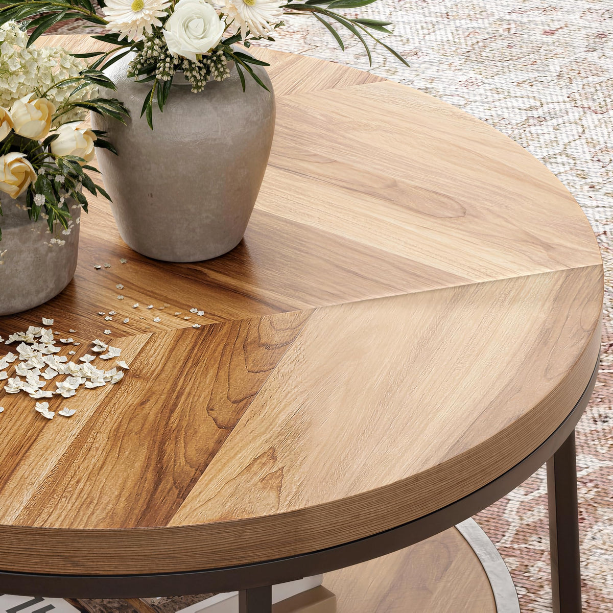 32" Round Coffee Table with 2-Tier Storage Shelf F813775