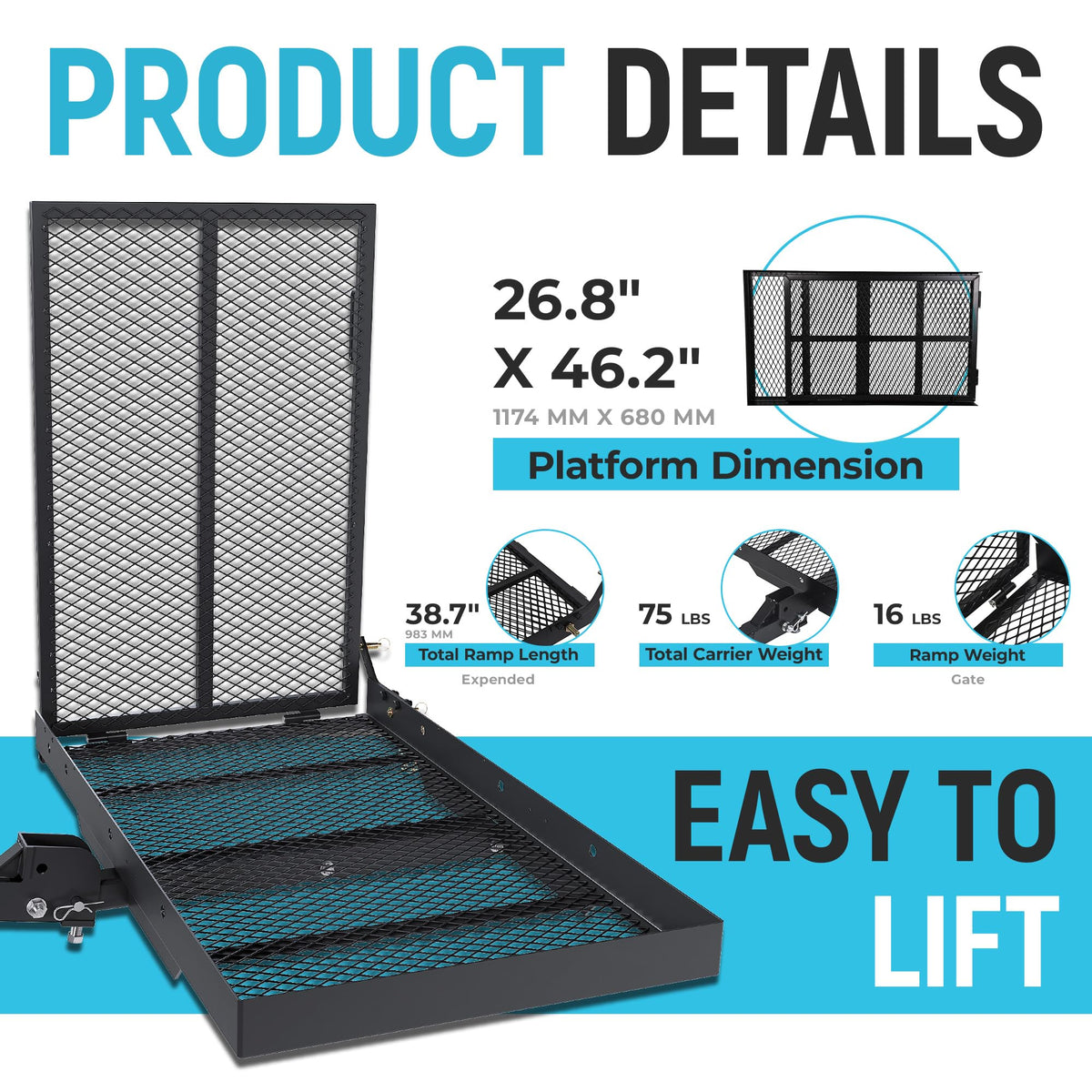 46.2 X 26.8 X 38.7 Inch Foldable Hitch Cargo Carrier with Ramp 500 Lbs O79947
