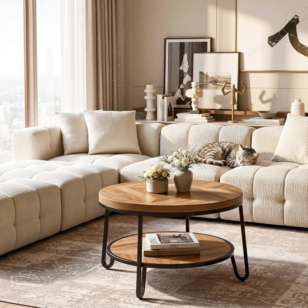 32" Round Coffee Table with 2-Tier Storage Shelf F813775